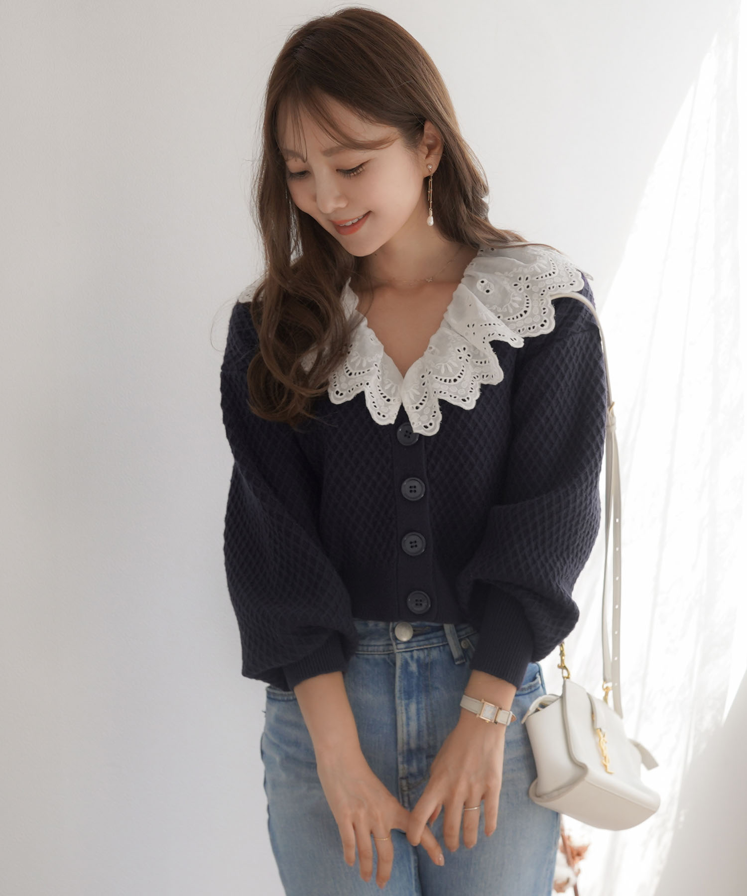 カーディガン エンブロイダリーレース カラー