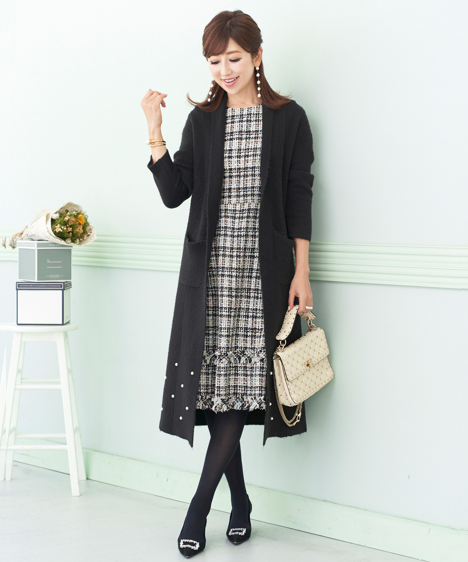 ニット カーディガン ショール ランダムパール