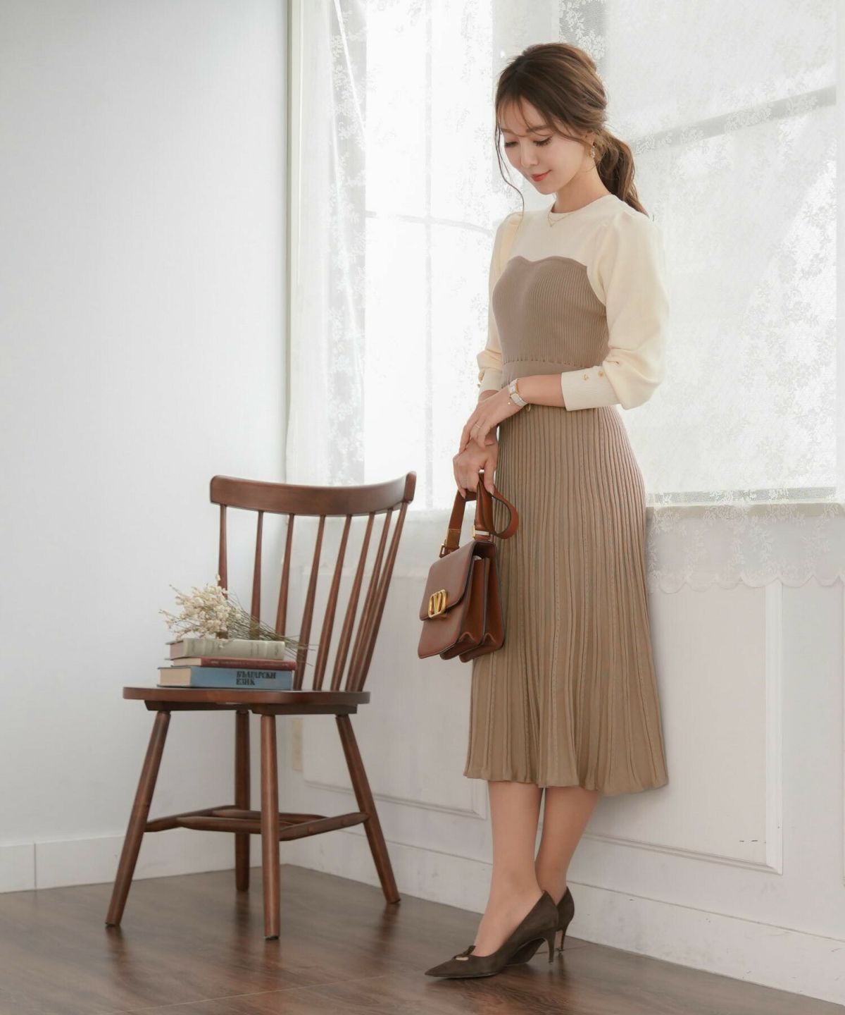 ニットワンピース バイカラー ベア切り替え