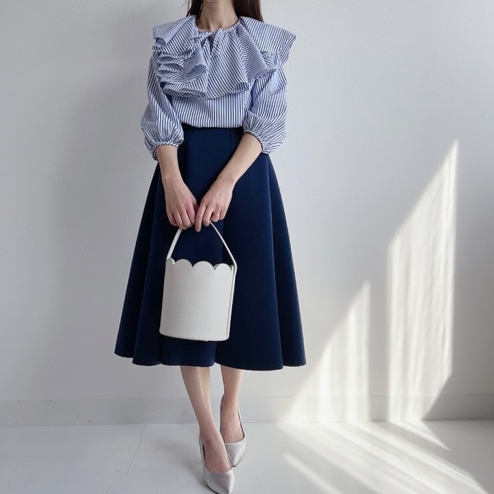 ブラウス ラッフルカラー ストライプ スカート ボンディング フレア　Liala×PG