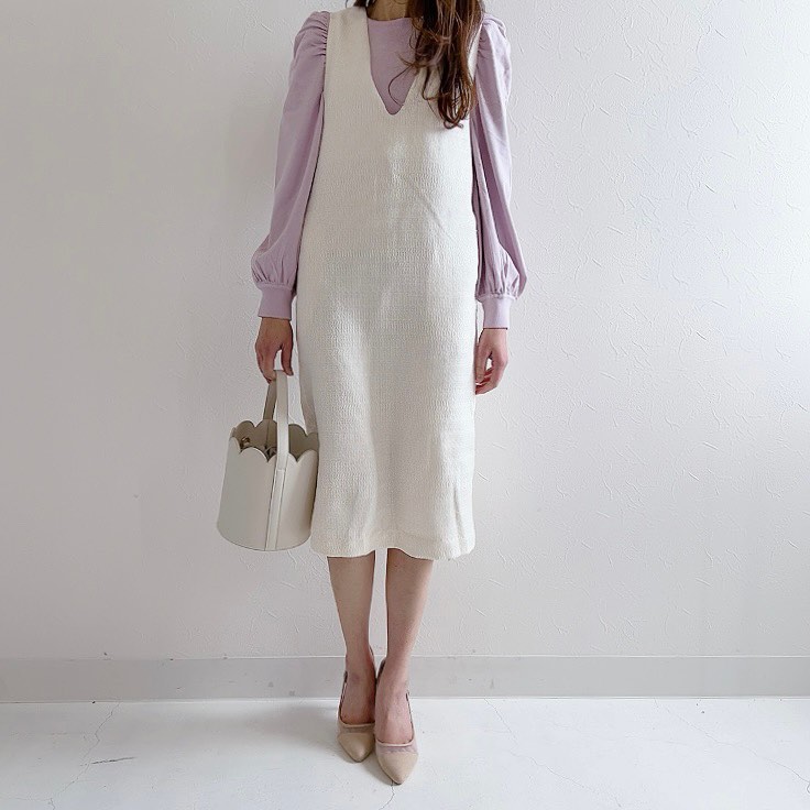 ニット 袖パフ ボリュームスリーブ ツイード ジャンパースカート Vネック　Liala×PG