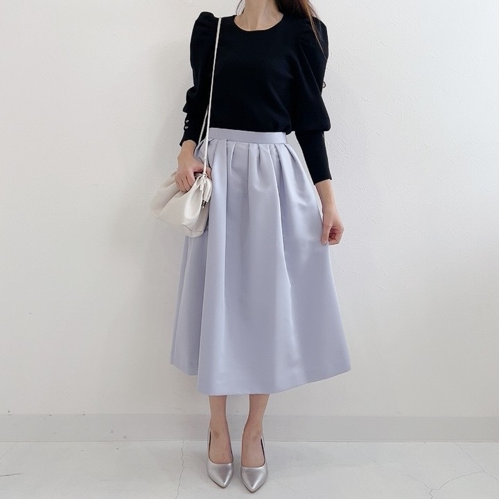 ニット ボリュームスリーブ ラウンドネック スカート グログラン タック 選べる丈　Liala×PG