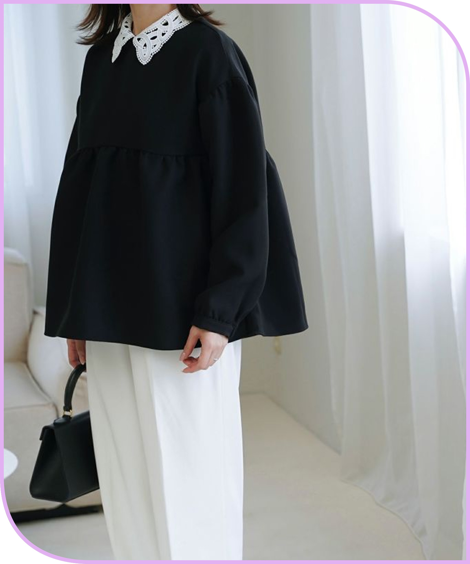 パフスリーブブラウス　鍵編みレースの可愛い丸襟　秋口　お値下げ パフスリーブnobleなフレアブラウス 鍵編みレースの可愛い丸襟