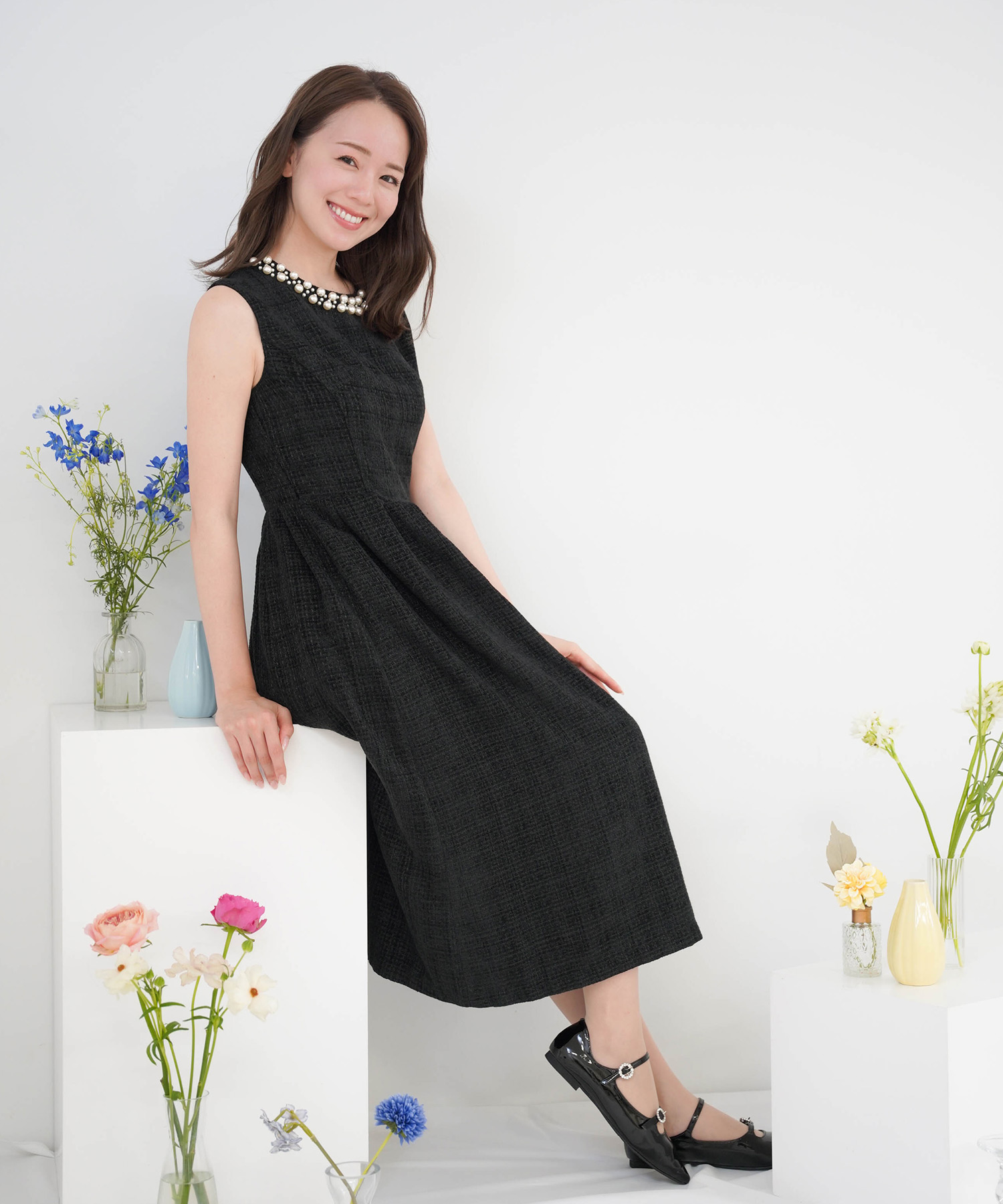 パールネック ツイード タックフレア ワンピース Prima Scherrer