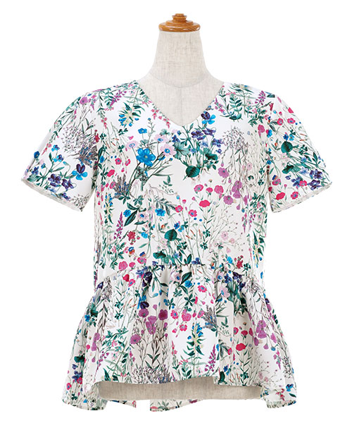 ブラウス ボタニカル柄 フレアヘム 半袖 Liala×PG