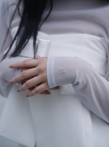 multi wrap belt & semi wide pants & original embroidery sheer pullover