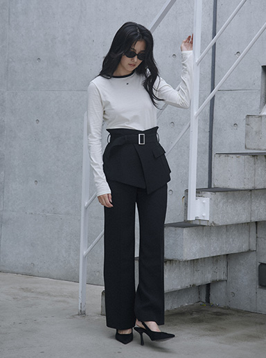multi wrap belt & semi wide pants & original embroidery sheer pullover