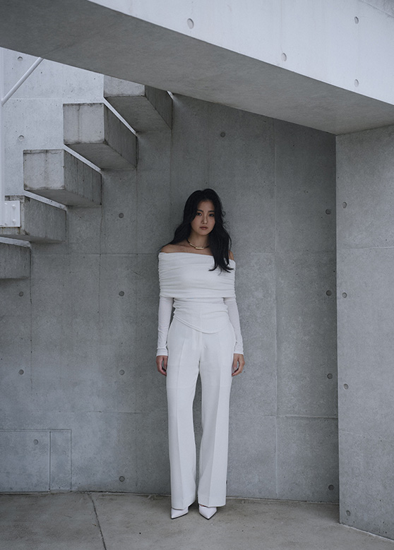 sheer off shoulder pullover & semi wide pants