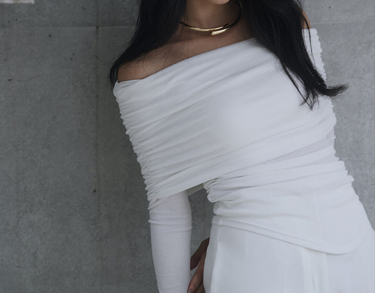 sheer off shoulder pullover & semi wide pants