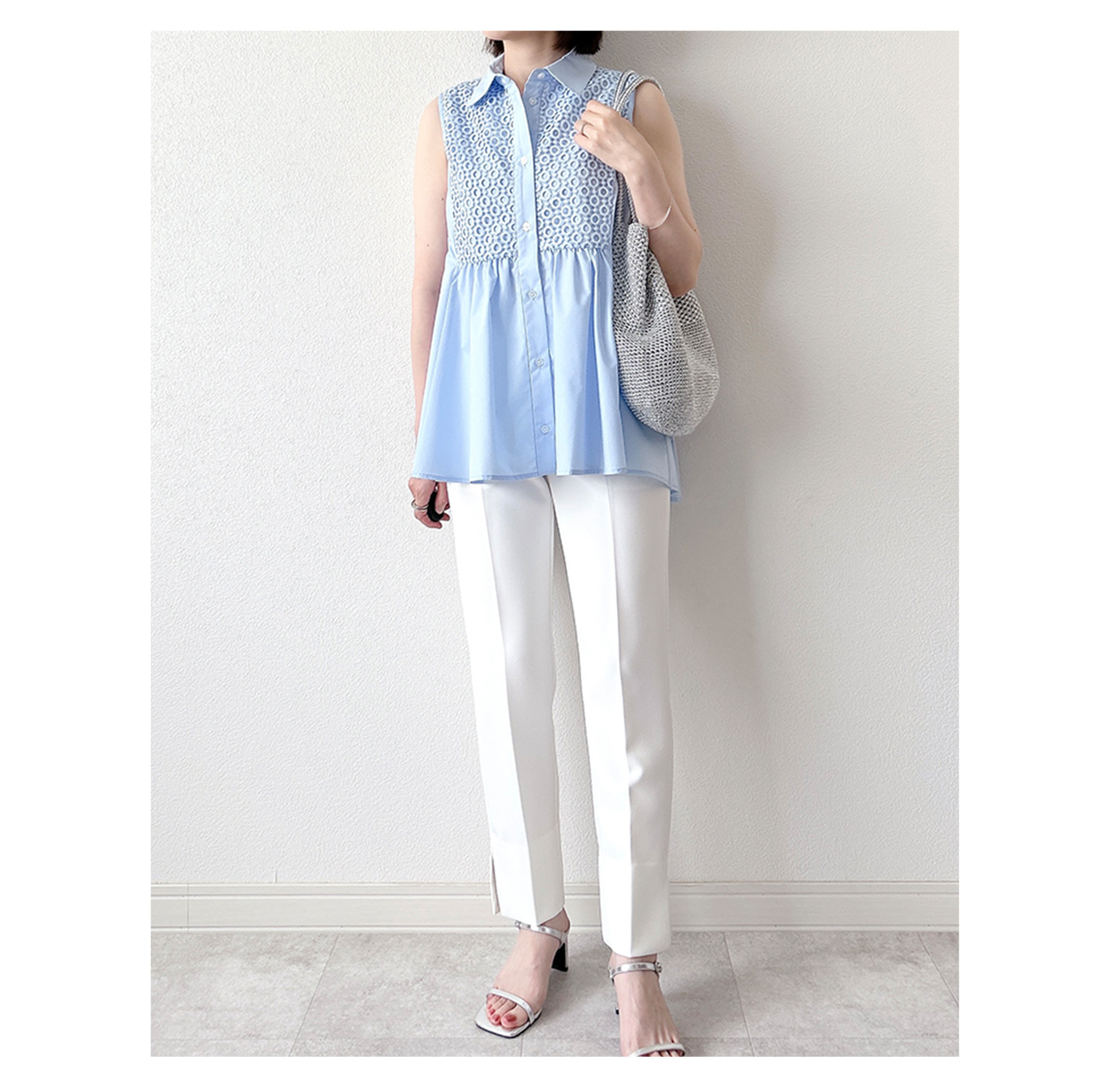 襟付き レース ノースリーブ ブラウス Liala×PG
