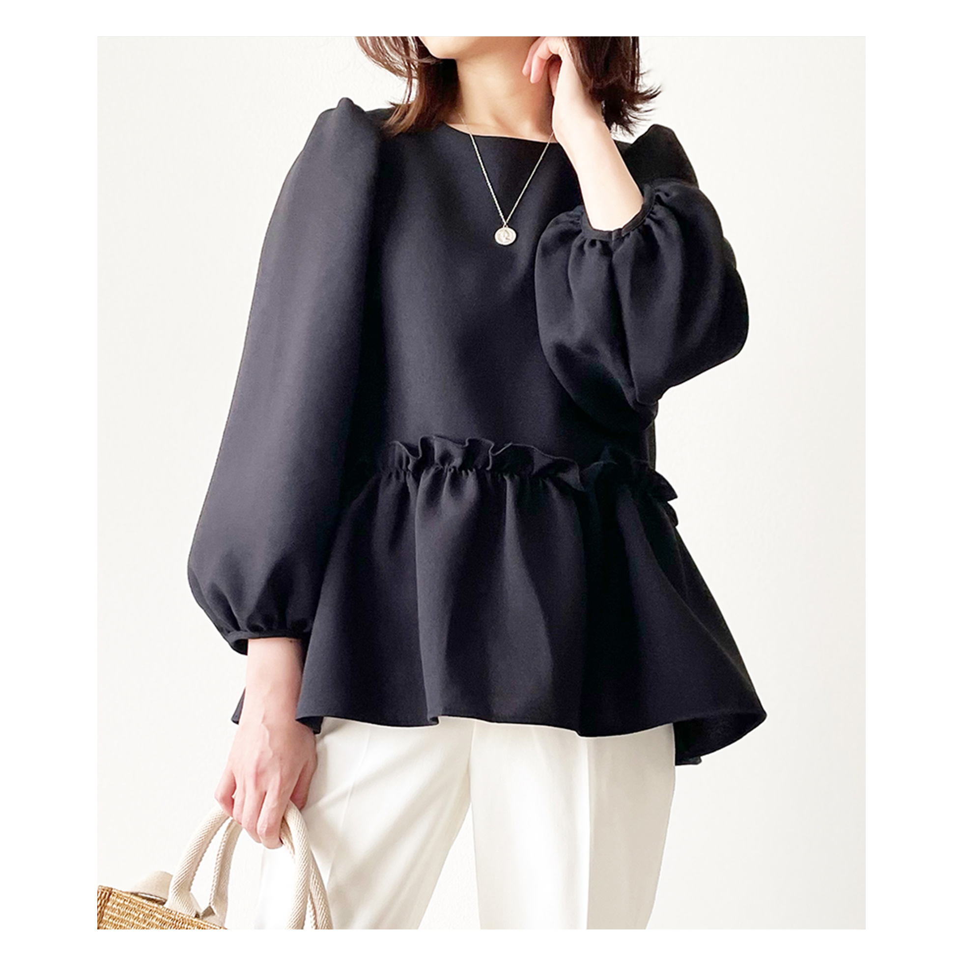 パフスリーブ 8分袖 ペプラム ブラウス Liala×PG