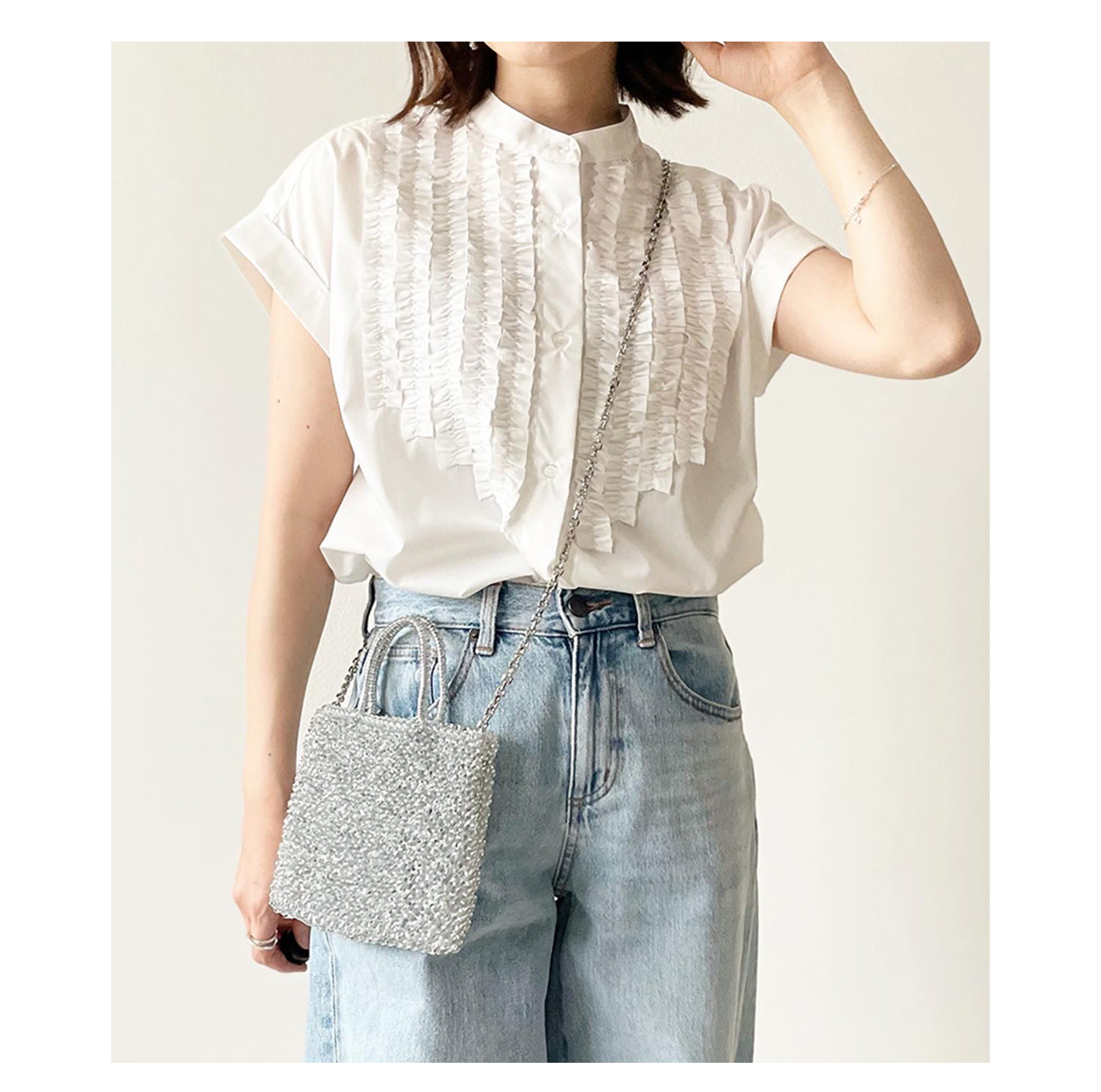 バンドカラー フリル フレンチスリーブ ブラウス Liala×PG