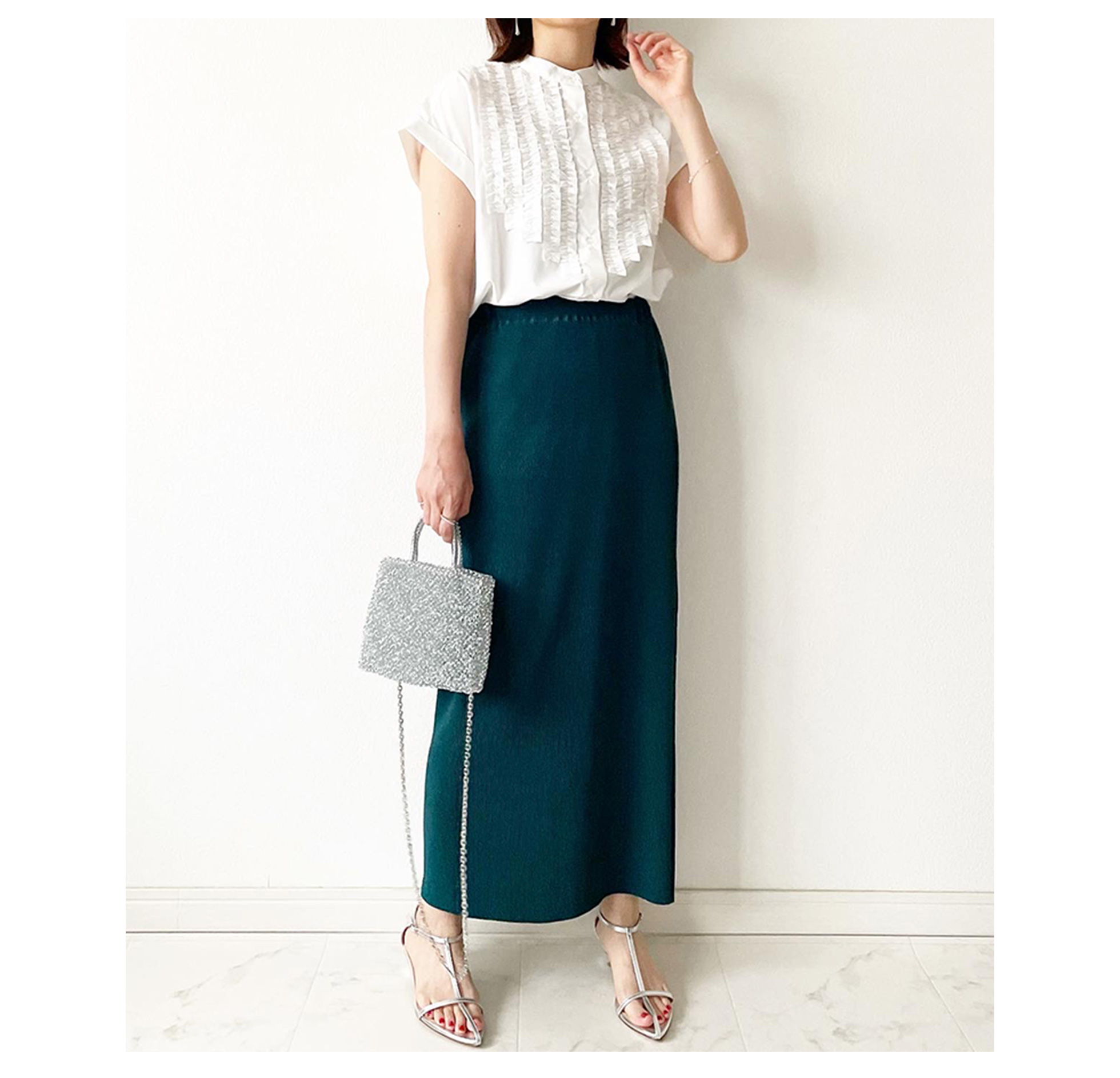 バンドカラー フリル フレンチスリーブ ブラウス Liala×PG