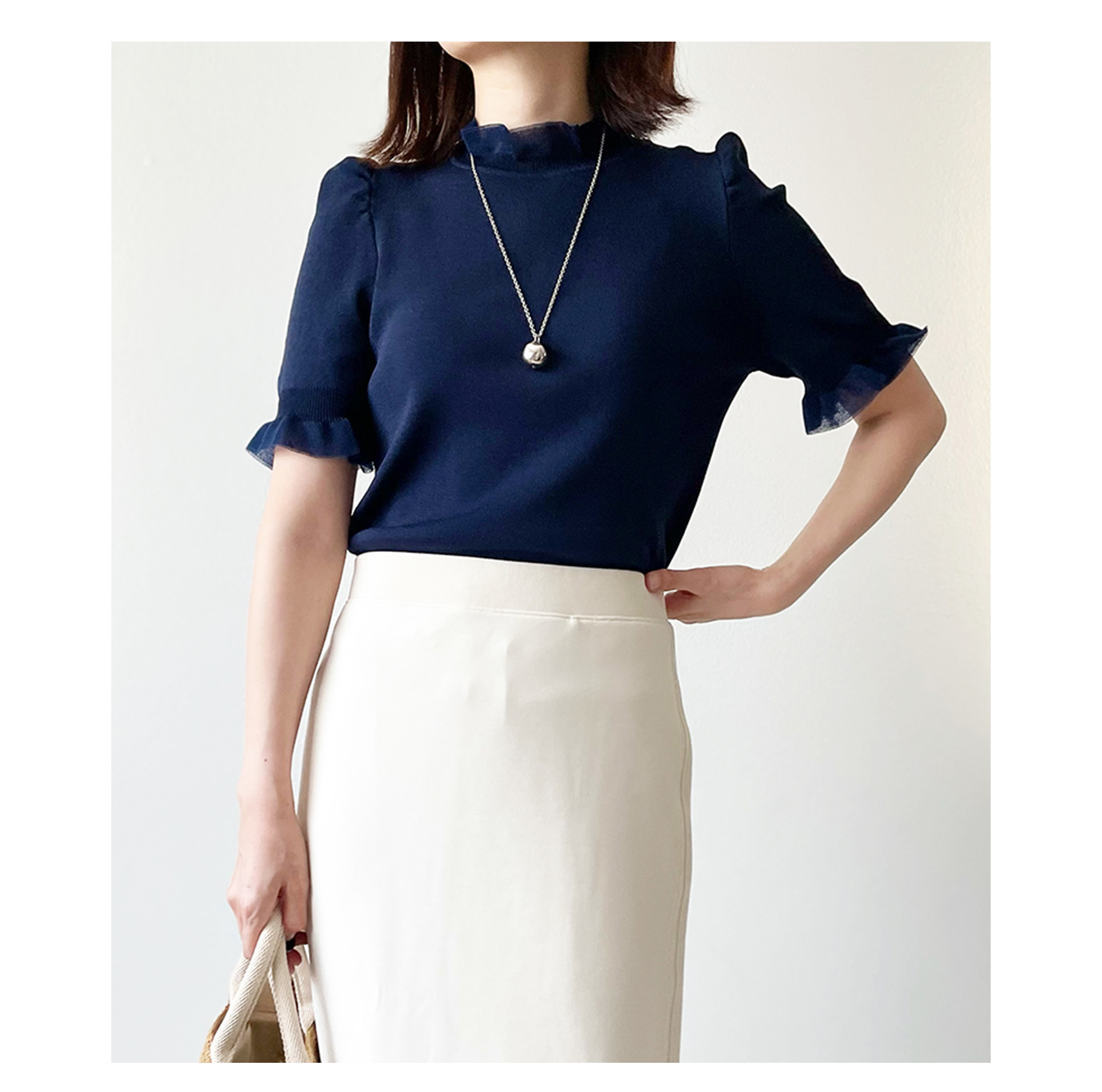 シアー プチフリル 5分袖 ニット Liala×PG