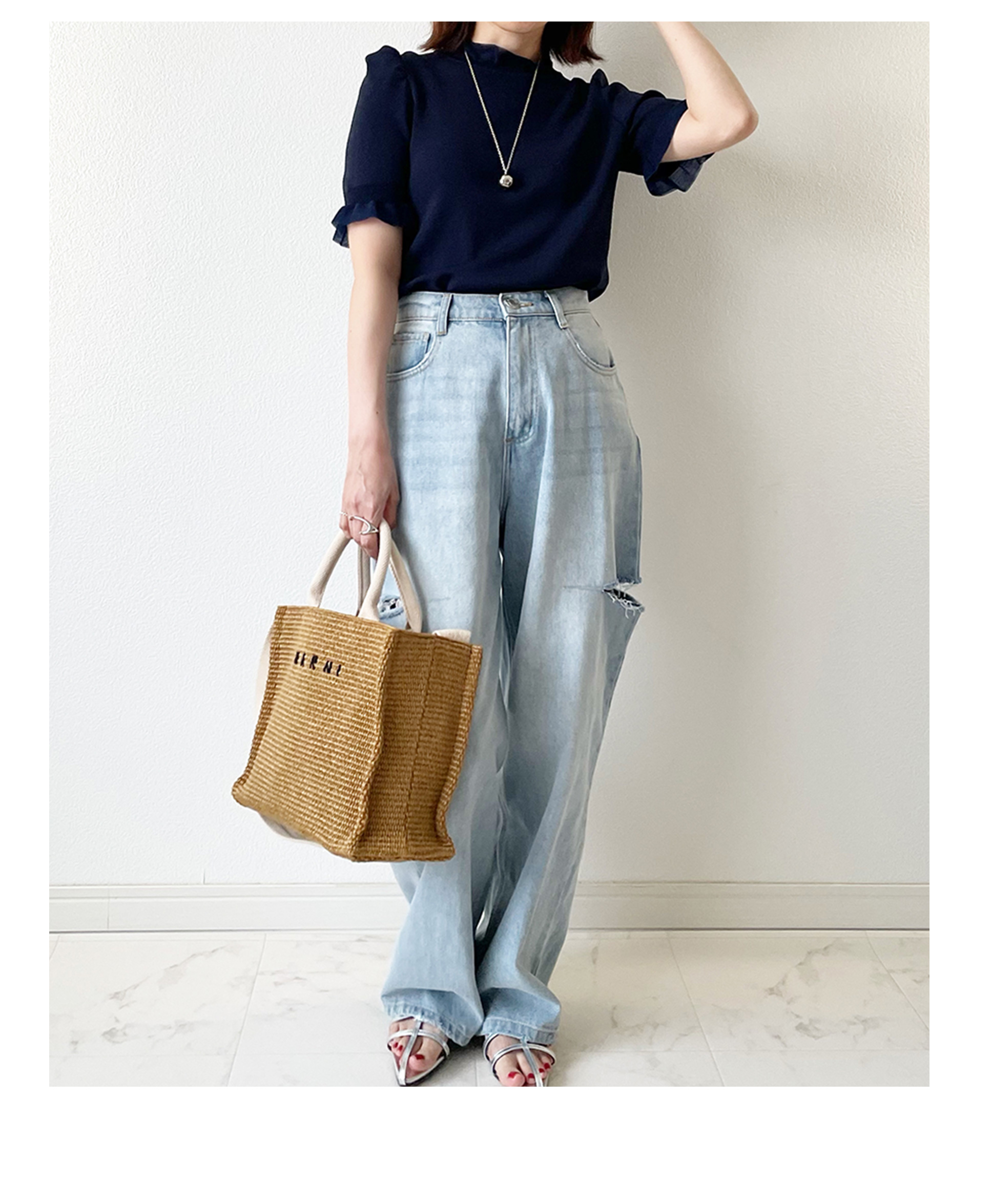 シアー プチフリル 5分袖 ニット Liala×PG