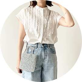 バンドカラー フリル フレンチスリーブ ブラウス Liala×PG