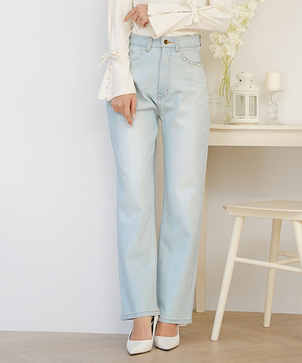 ウエスト調整 パール デコレーション デニム パンツ le reve vaniller