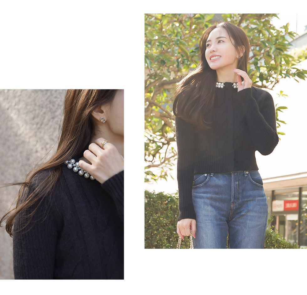 パール ネック ケーブルニット カーディガン lieulien×Chika