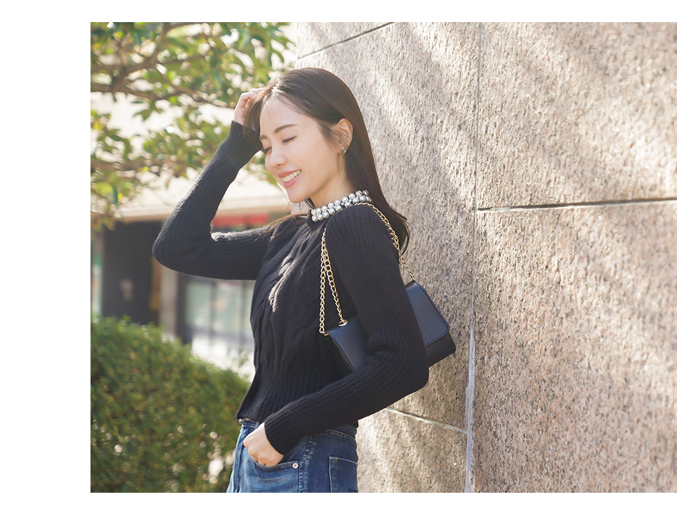 パール ネック ケーブルニット カーディガン lieulien×Chika