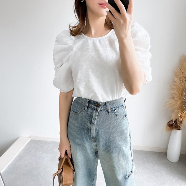 無地ドット ボリュームスリーブ ブラウス Liala×PG