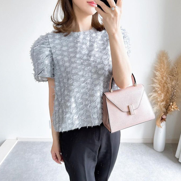 テープヤーン パフスリーブ ショート丈 ブラウス 半袖 Liala×PG