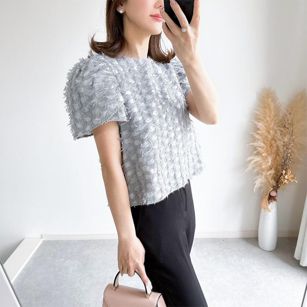 テープヤーン パフスリーブ ショート丈 ブラウス 半袖 Liala×PG