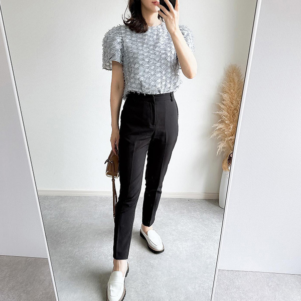 テープヤーン パフスリーブ ショート丈 ブラウス 半袖 Liala×PG