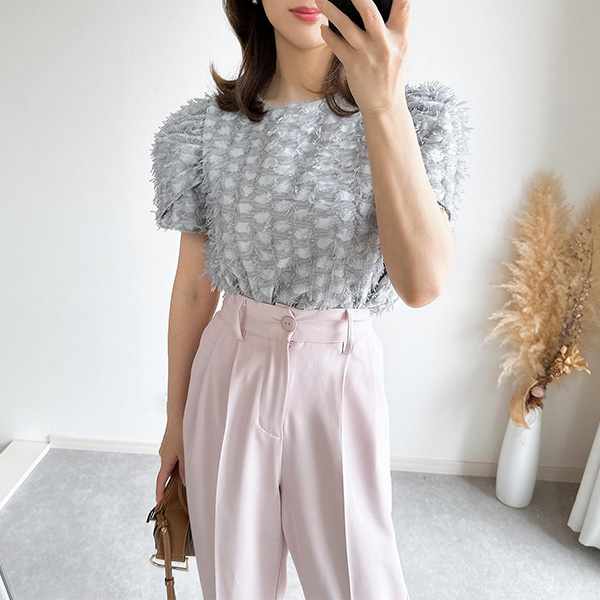 テープヤーン パフスリーブ ショート丈 ブラウス 半袖 Liala×PG