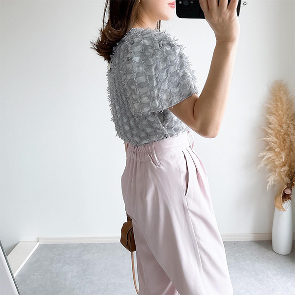 テープヤーン パフスリーブ ショート丈 ブラウス 半袖 Liala×PG